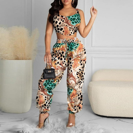 Two Piece Women Tank Crop Tops And High Waist Pant Set