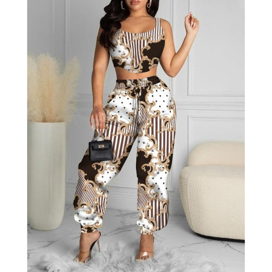 Two Piece Women Tank Crop Tops And High Waist Pant Set