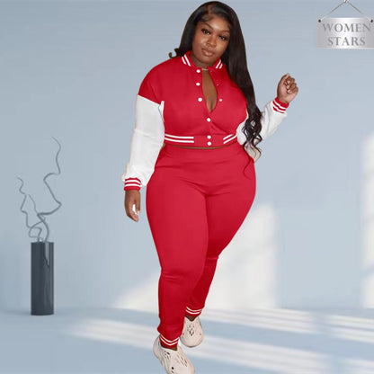 Plus Size Women Tracksuit Striped Two Piece Set