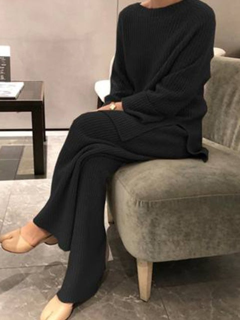 Women Knitted Turtleneck Sweater+Wide Leg Jogging Pant Set