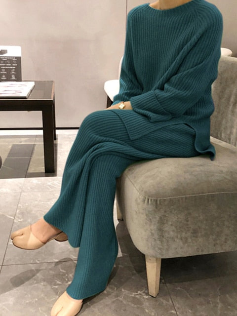 Women Knitted Turtleneck Sweater+Wide Leg Jogging Pant Set