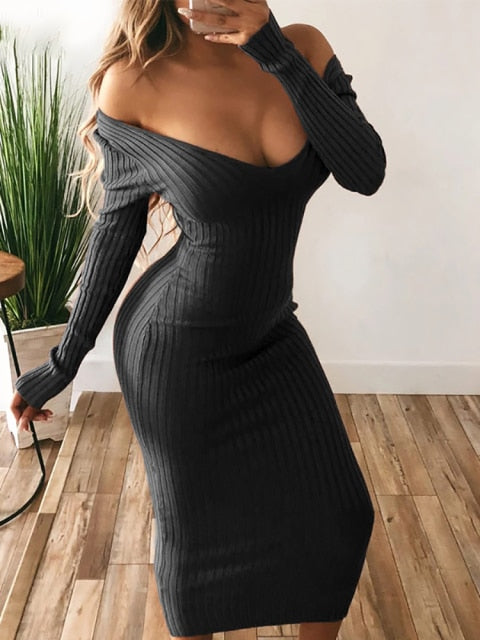 Women Sexy Bodycon Knitted Long Sleeve V Neck Dresss