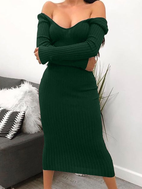 Women Sexy Bodycon Knitted Long Sleeve V Neck Dresss