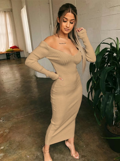 Women Sexy Bodycon Knitted Long Sleeve V Neck Dresss