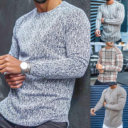 Men Long Sleeve Slim Cotton Blend Stripe Plaid Print Pullover Sweater