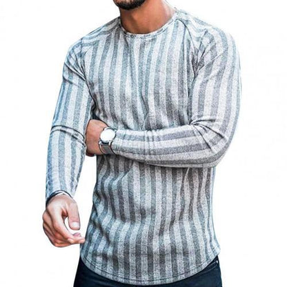 Men Long Sleeve Slim Cotton Blend Stripe Plaid Print Pullover Sweater