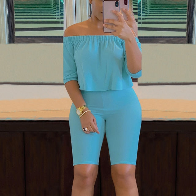 Women Two Piece Casual Solid Off Shoulder Crop Top Skinny Shorts Set