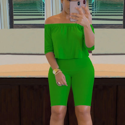 Women Two Piece Casual Solid Off Shoulder Crop Top Skinny Shorts Set