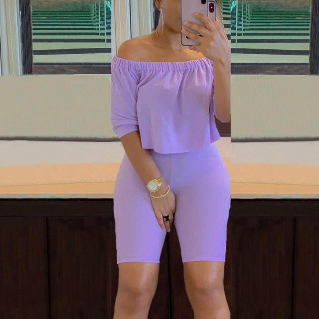 Women Two Piece Casual Solid Off Shoulder Crop Top Skinny Shorts Set