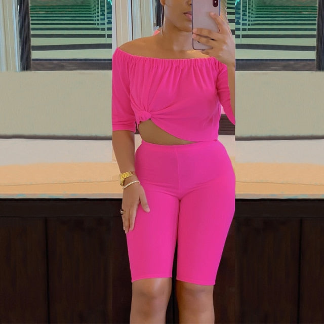 Women Two Piece Casual Solid Off Shoulder Crop Top Skinny Shorts Set