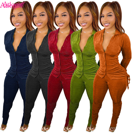 Women 2 Piece Drawstring Shirt Top Pleated Stacked Pant Set S-3XL
