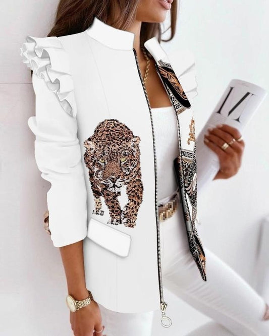 Women Printed Ruffled Long-Sleeved Zipper Printed Plus Size Blazer