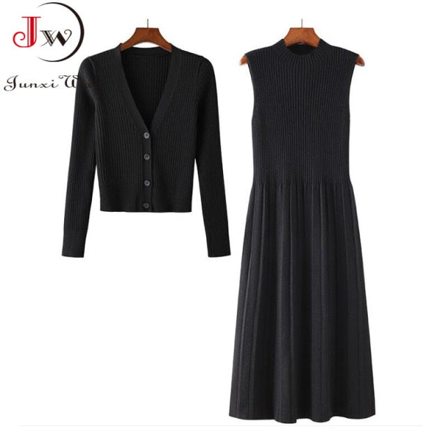 Women Knitted Sweater and Dress Two Piece Set