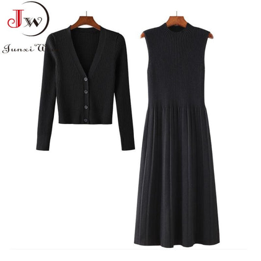 Women Knitted Sweater and Dress Two Piece Set