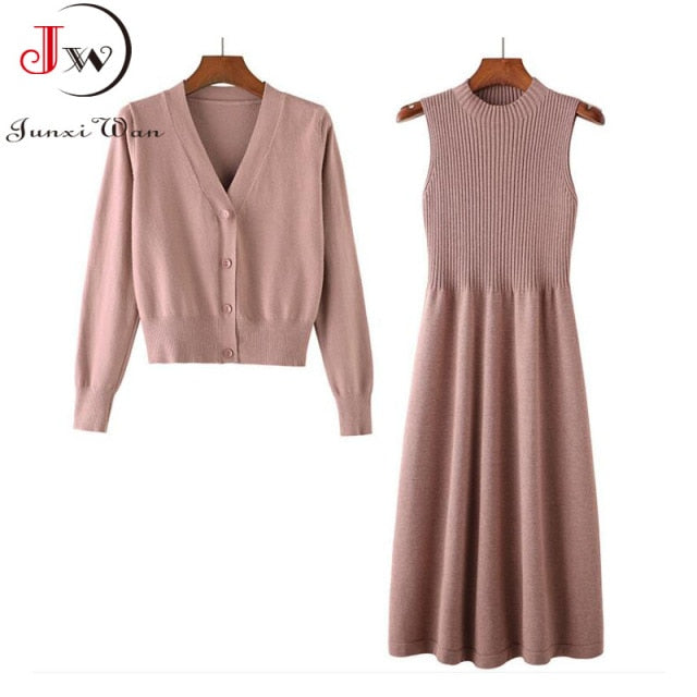 Women Knitted Sweater and Dress Two Piece Set