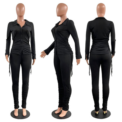 Women 2 Piece Drawstring Shirt Top Pleated Stacked Pant Set S-3XL