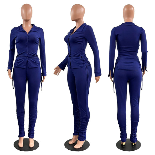 Women 2 Piece Drawstring Shirt Top Pleated Stacked Pant Set S-3XL