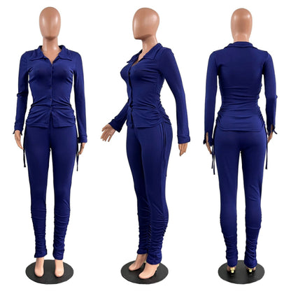 Women 2 Piece Drawstring Shirt Top Pleated Stacked Pant Set S-3XL