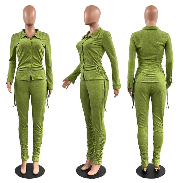 Women 2 Piece Drawstring Shirt Top Pleated Stacked Pant Set S-3XL