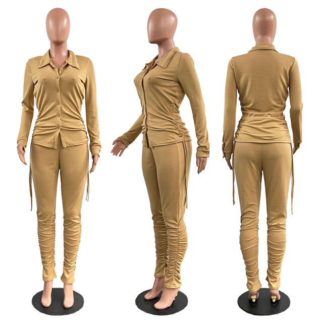 Women 2 Piece Drawstring Shirt Top Pleated Stacked Pant Set S-3XL