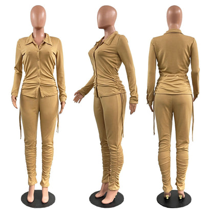 Women 2 Piece Drawstring Shirt Top Pleated Stacked Pant Set S-3XL