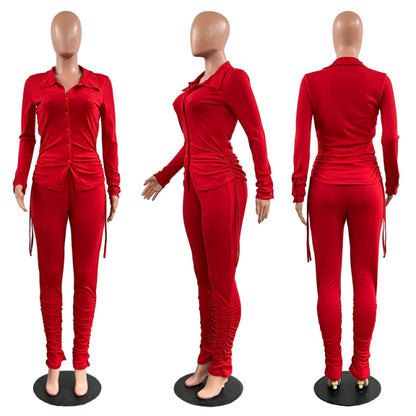 Women 2 Piece Drawstring Shirt Top Pleated Stacked Pant Set S-3XL