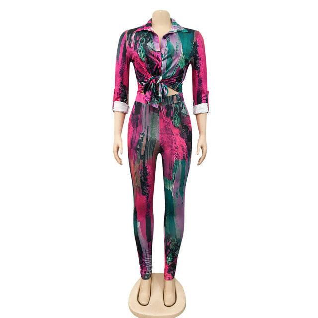 New Tie Dye Print Tied Front Crop Top And Legging Set