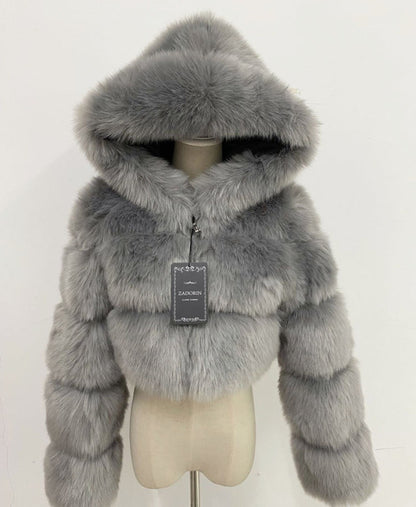 Women High Quality Cropped Faux Fur Fluffy Hooded Coat