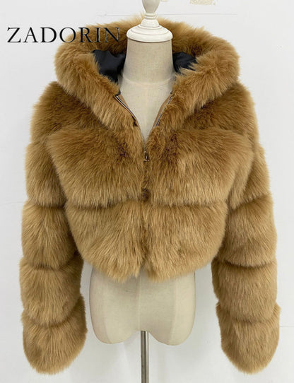 Women High Quality Cropped Faux Fur Fluffy Hooded Coat
