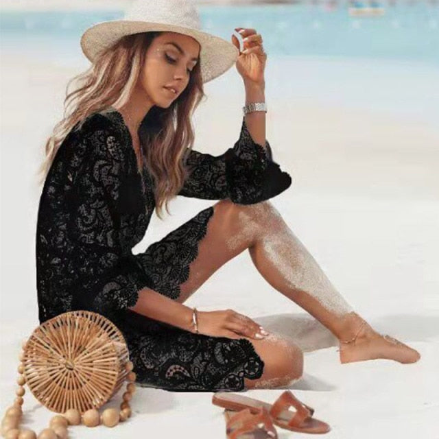 Women Crochet Knitted Beach Cover Up Tunic Dress