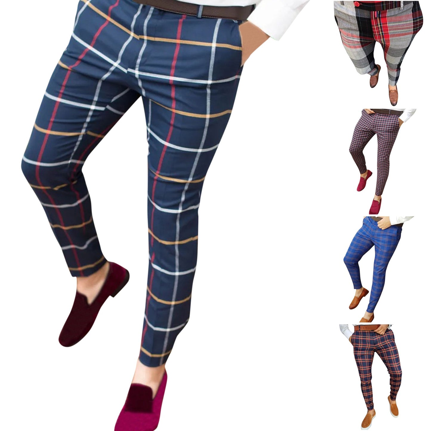 Men Casual Plaid Skinny Pencil Pants