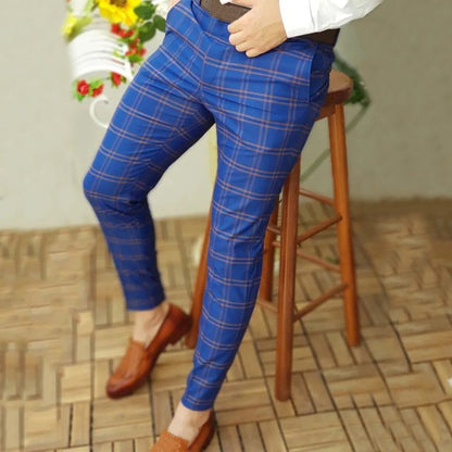 Men Casual Plaid Skinny Pencil Pants