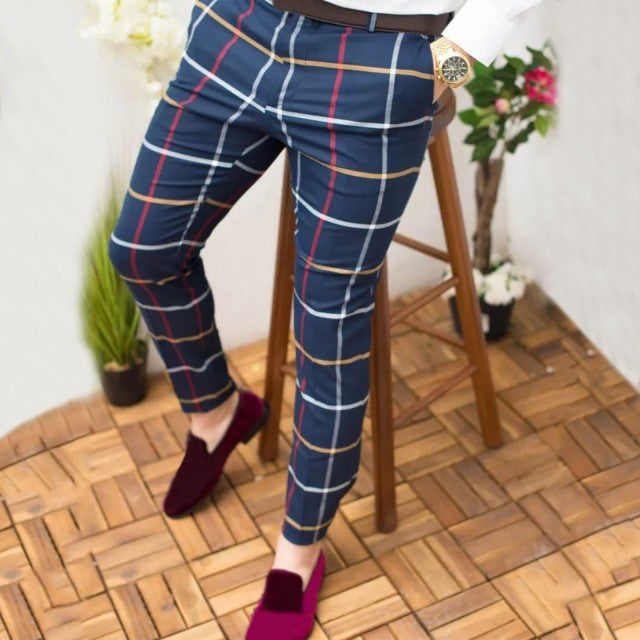 Men Casual Plaid Skinny Pencil Pants