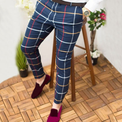 Men Casual Plaid Skinny Pencil Pants