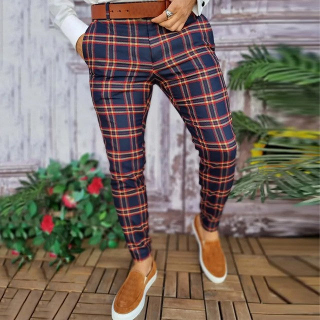 Men Casual Plaid Skinny Pencil Pants