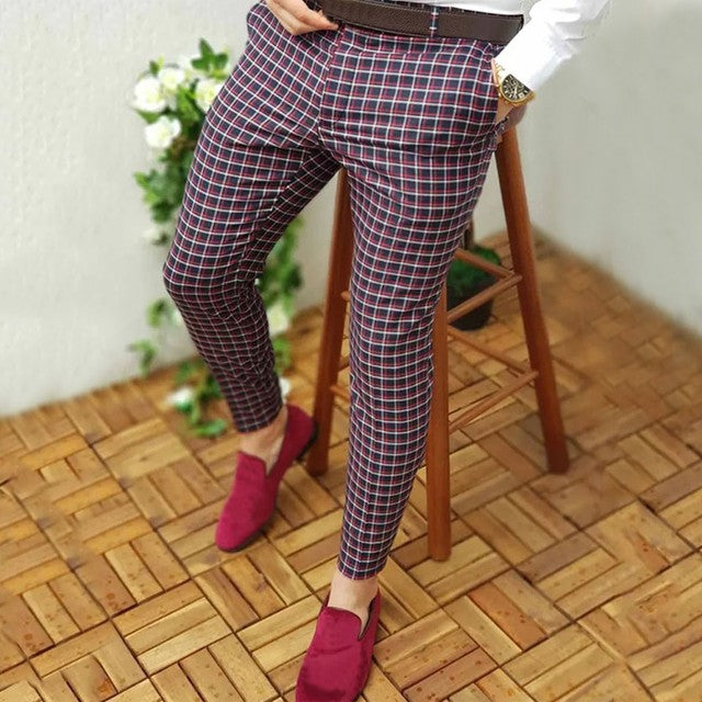 Men Casual Plaid Skinny Pencil Pants