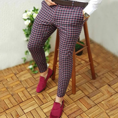 Men Casual Plaid Skinny Pencil Pants