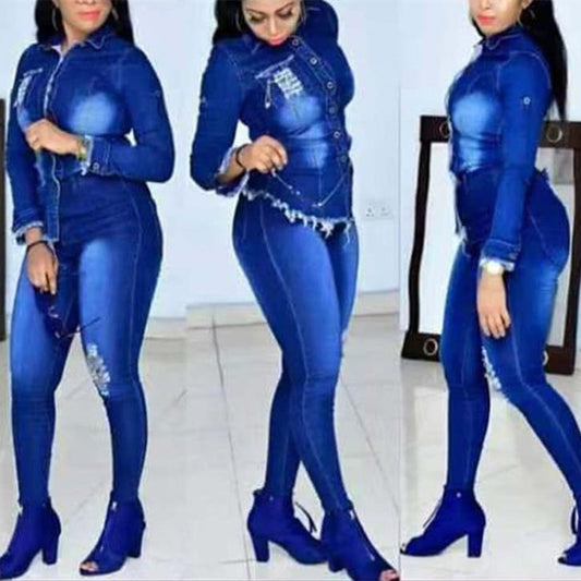 Women Denim Two Piece Long Sleeve Jeans Top and Long Pants Slim Set