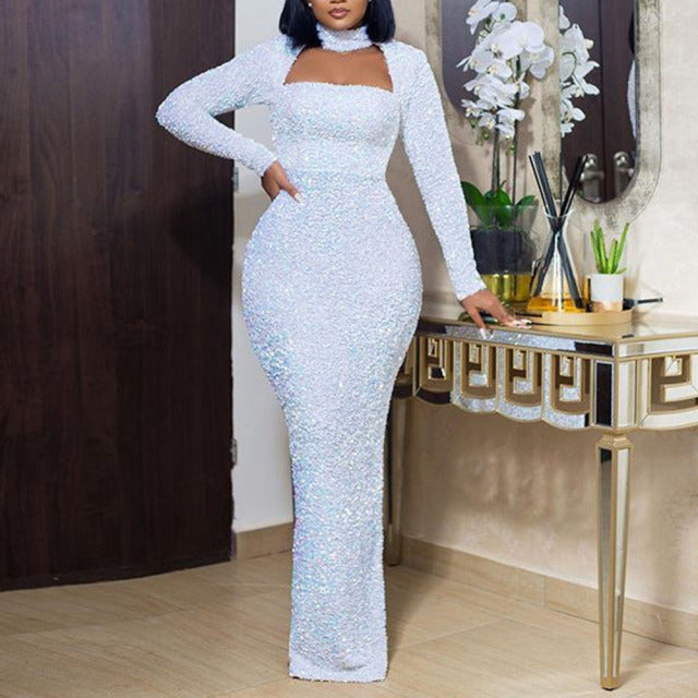Women Elegant Evening White Sexy Hollow New Bodycon Maxi Dress