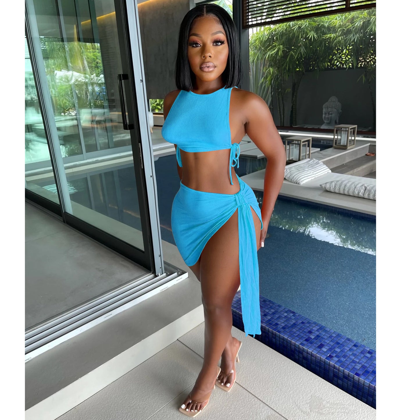 Women Knitted Two Piece Bandage Crop Top Bodycon Mini Skirt Set