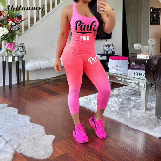 Women PINK Letter Print Gradient Set