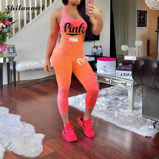 Women PINK Letter Print Gradient Set