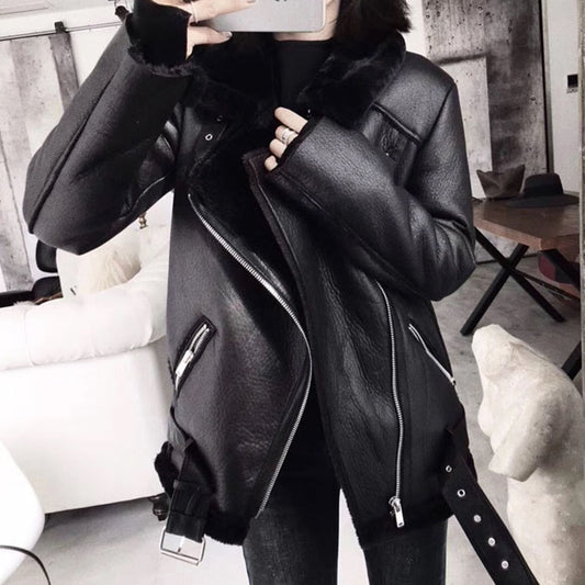 Women Thick Faux Leather Fur Leather Jacket