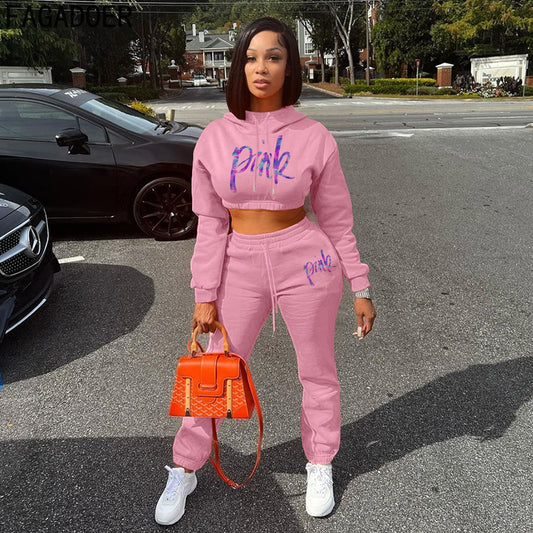 Women Crop Top Two Piece Pink Letter Print Set