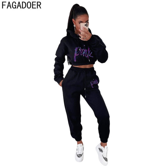 Women Crop Top Two Piece Pink Letter Print Set