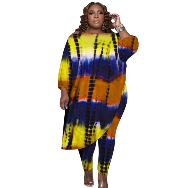 Plus Size Tie Dye Printing Loose Shoulder Top Pant Two Piece Set