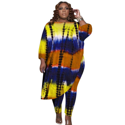 Plus Size Tie Dye Printing Loose Shoulder Top Pant Two Piece Set