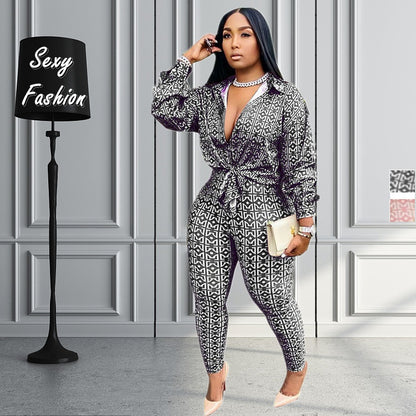 Women Two Piece Fashion Button Shirt Long Pant Set