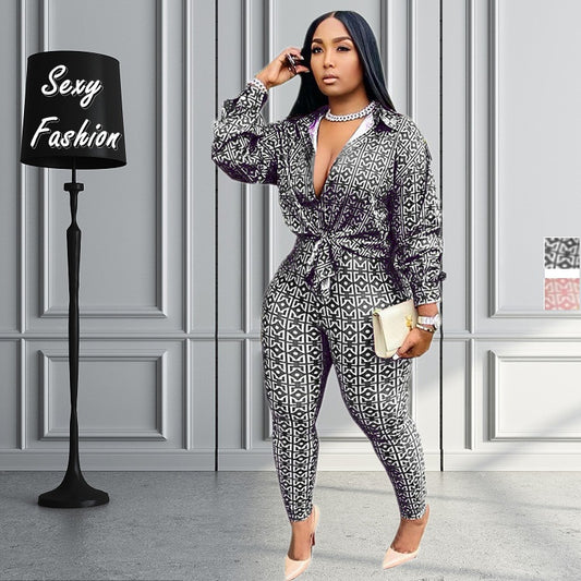 Women Two Piece Fashion Button Shirt Long Pant Set