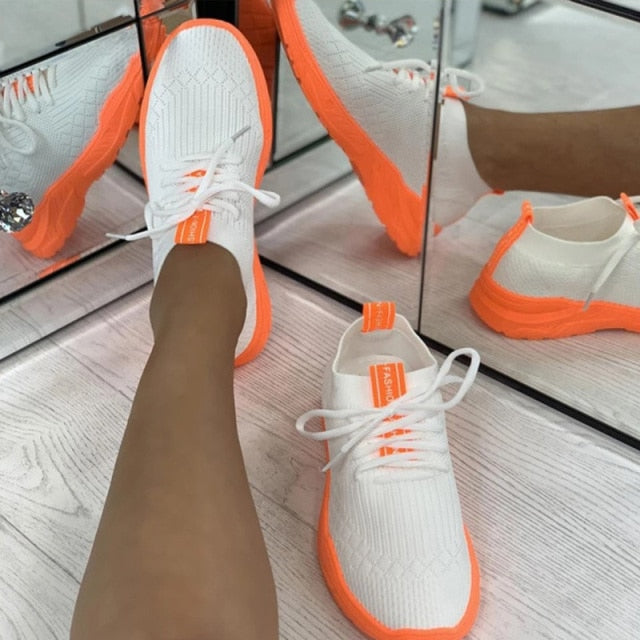 Women Knitting Vulcanized Lace Up Breathable Sneakers